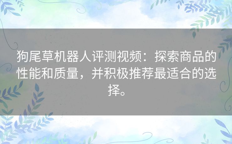 狗尾草机器人评测视频:探索商品的性能和质量,并积极推荐最适合的选择。 狗尾草机器人评测视频:探索商品的性能和质量,并积极推荐最适合的选择。