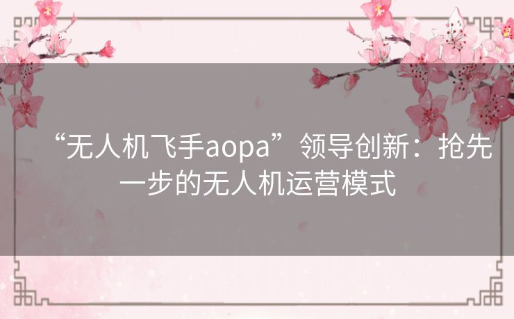 “无人机飞手aopa”领导创新：抢先一步的无人机运营模式